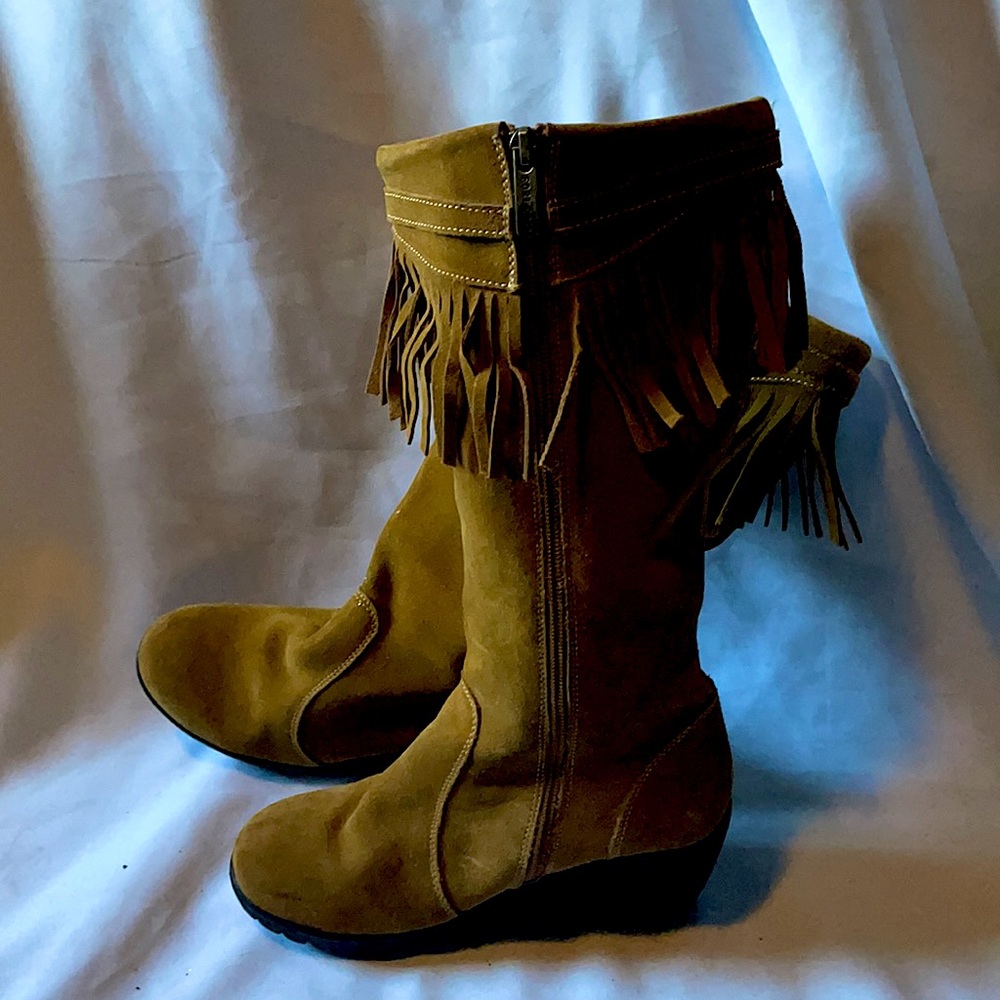 Tall Brown Wedge Moccasin Boots with Fringe by Forleria Size 5.5